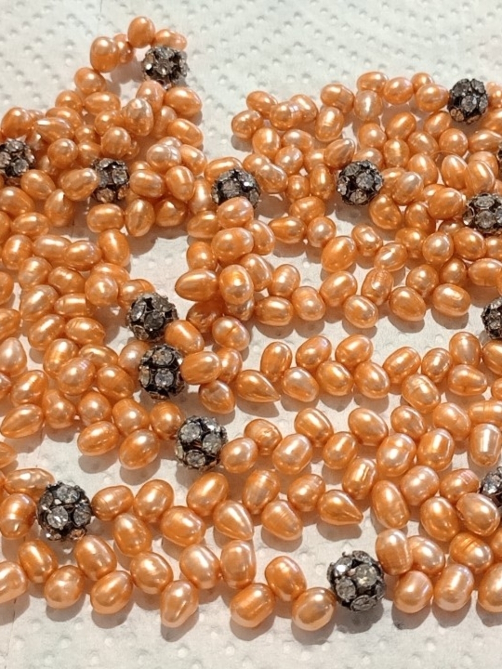 Vintage Peach Pearl Necklace with  Rhinestone Accents Flapper Length 56 Inches